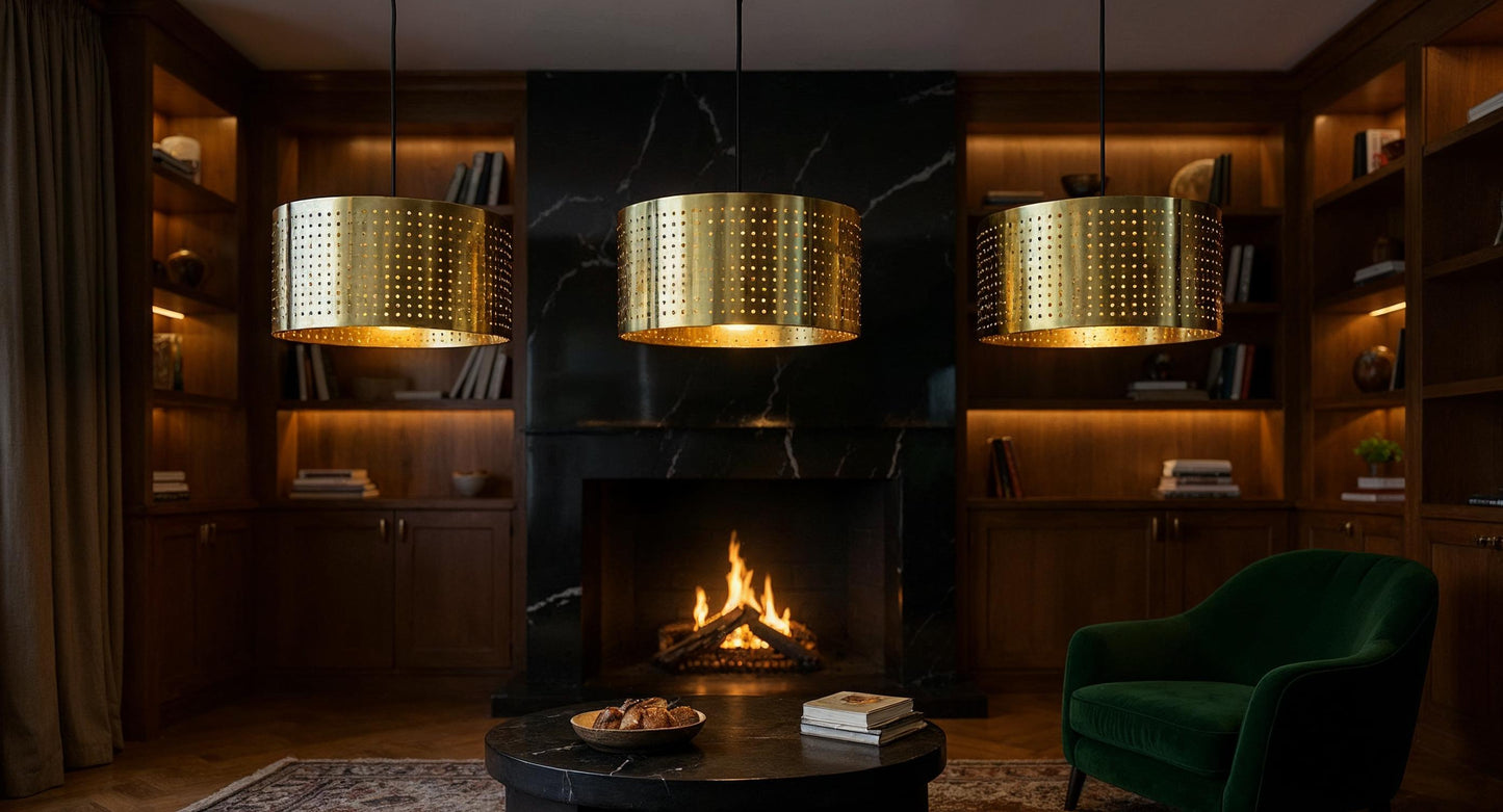 Handmade Moroccan Brass Pendant Light: Perforated Drum Ceiling Fixture