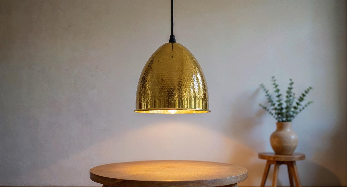 Handmade Brass Dome Pendant Light: Hammered Moroccan Hanging Lamp