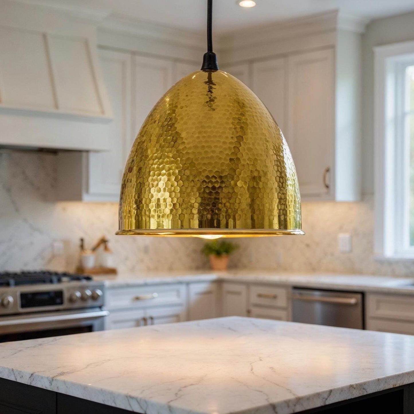Handmade Brass Dome Pendant Light: Hammered Moroccan Hanging Lamp