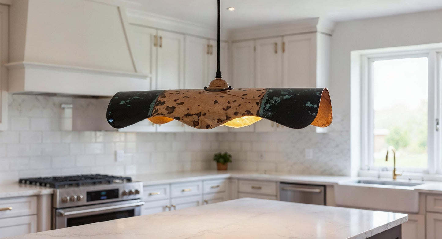 Handmade Wavy Copper Pendant Light - Black Patina Modern Rustic Lighting