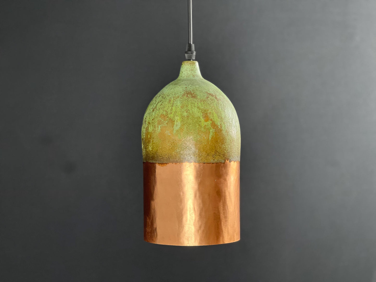 Handmade Copper Pendant Light: Two-Tone Green Patina Dome Lamp