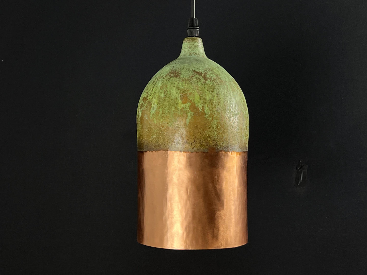 Handmade Copper Pendant Light: Two-Tone Green Patina Dome Lamp