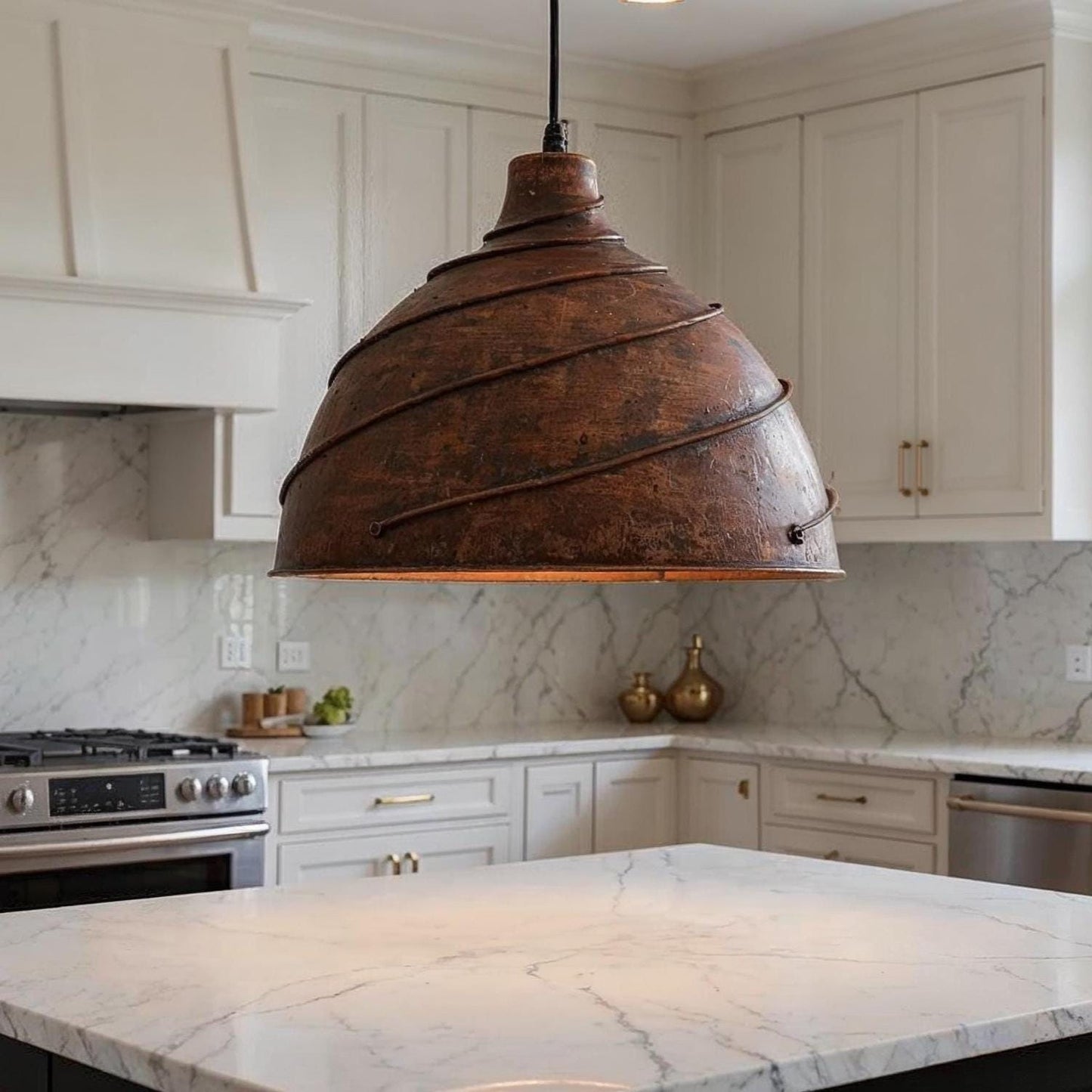 Handmade Copper Dome Pendant Light: Twisted Wire, Farmhouse Lighting