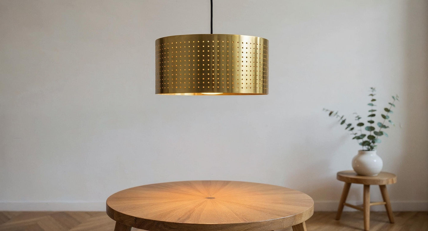 Handmade Moroccan Brass Pendant Light: Perforated Drum Ceiling Fixture