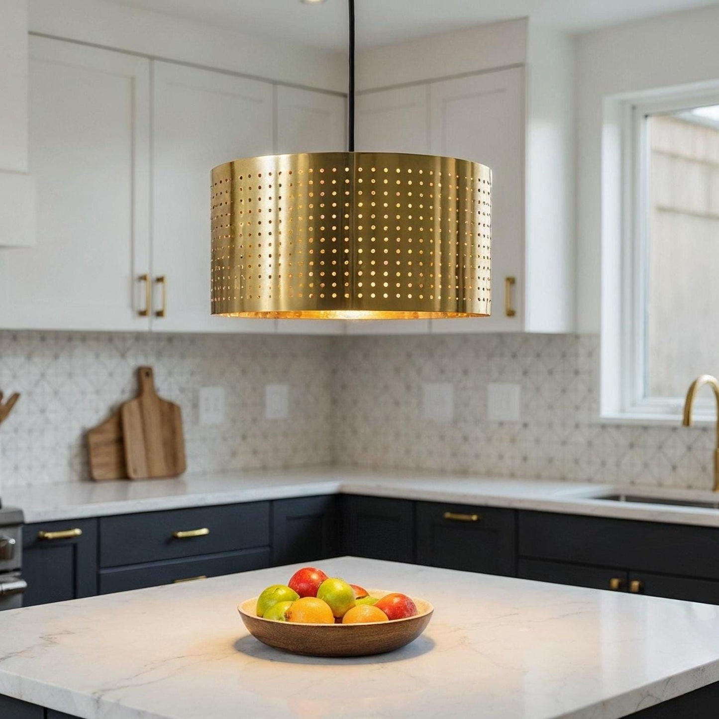 Handmade Moroccan Brass Pendant Light: Perforated Drum Ceiling Fixture