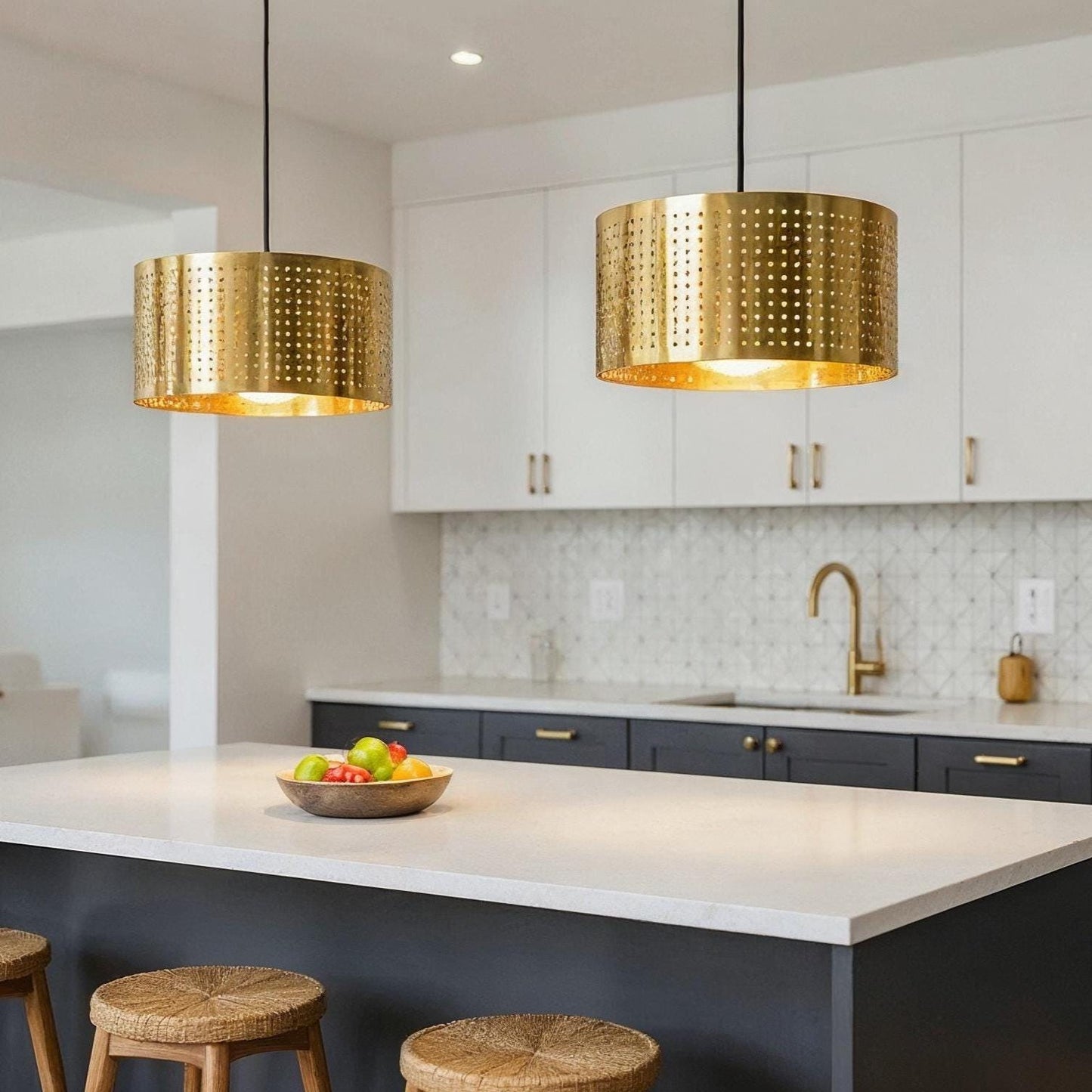 Handmade Moroccan Brass Pendant Light: Perforated Drum Ceiling Fixture