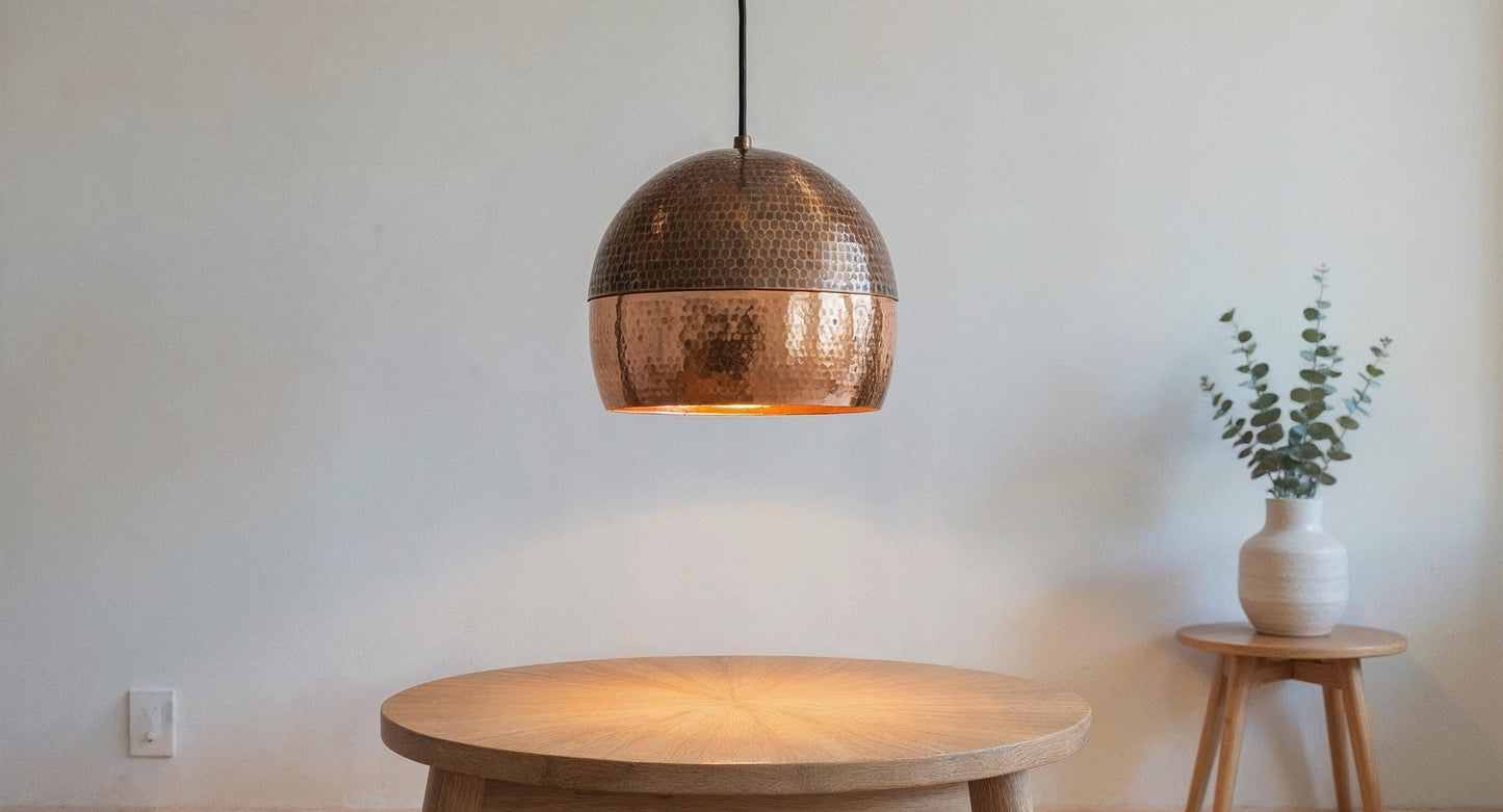 Hammered Copper Dome Pendant Light: Handmade Moroccan Brass Ceiling Lamp