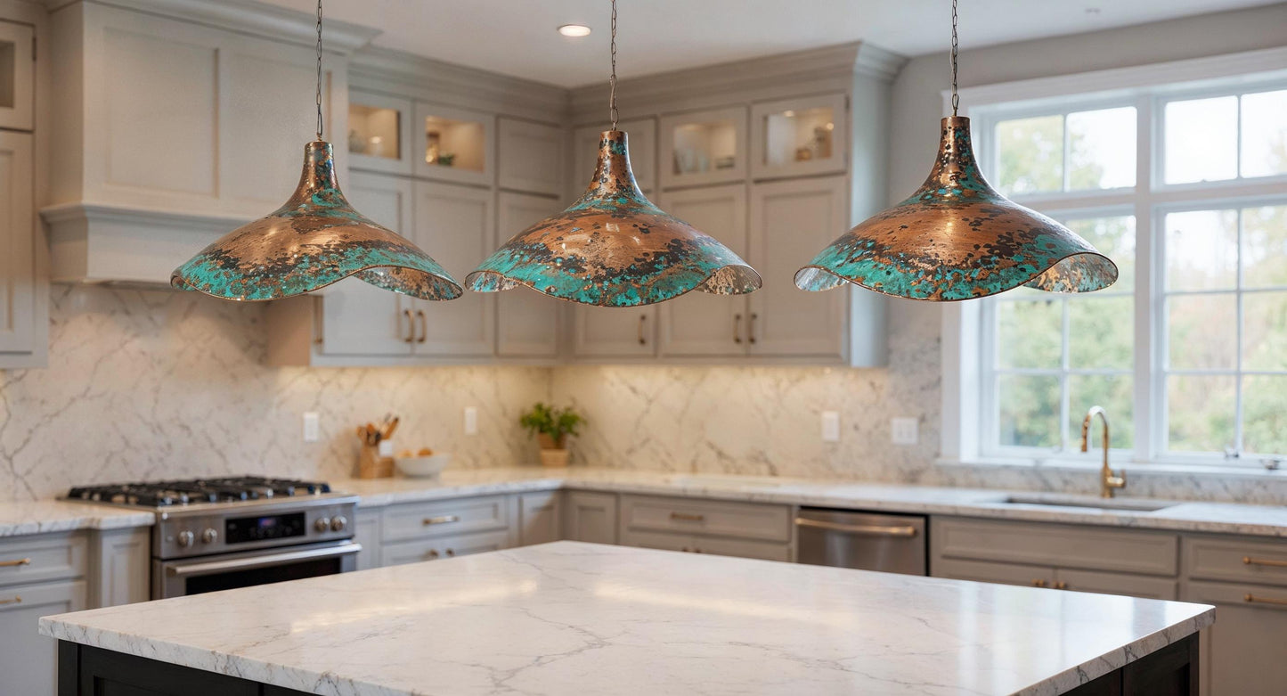 Handmade Green Patina Copper Pendant Light: Moroccan Hammered Dome