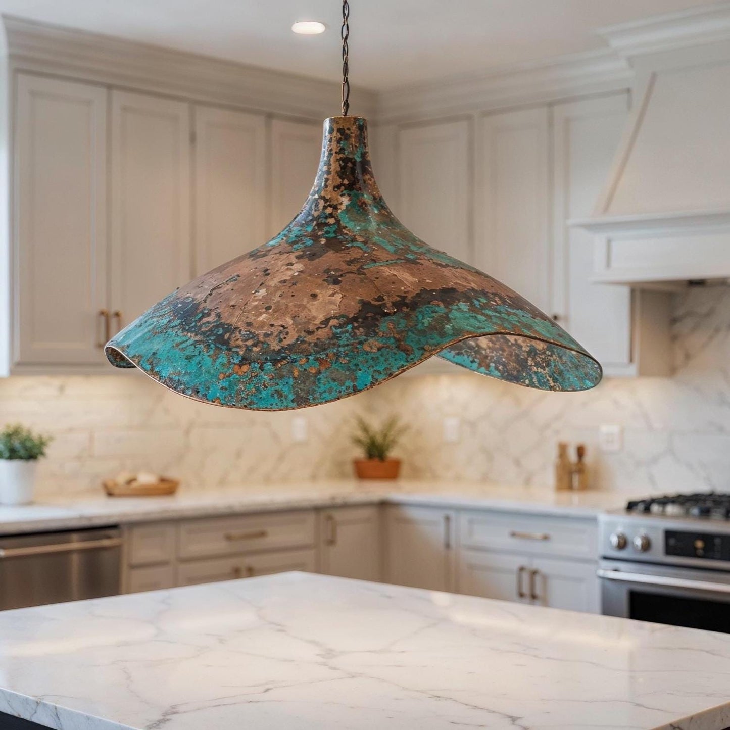 Handmade Green Patina Copper Pendant Light: Moroccan Hammered Dome