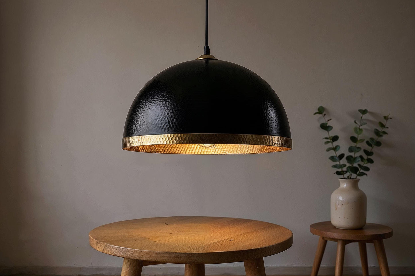 Handmade Black Dome Pendant Light: Hammered Copper, Moroccan Style