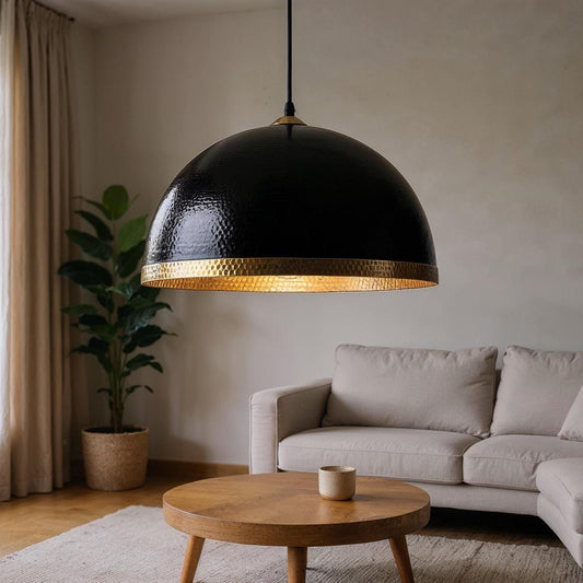 Handmade Black Dome Pendant Light: Hammered Copper, Moroccan Style