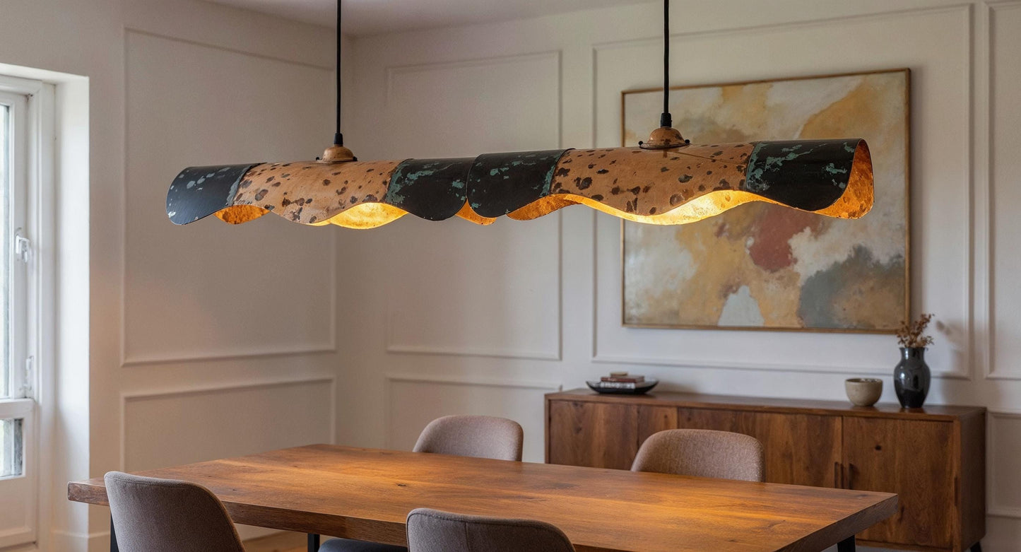 Handmade Wavy Copper Pendant Light - Black Patina Modern Rustic Lighting