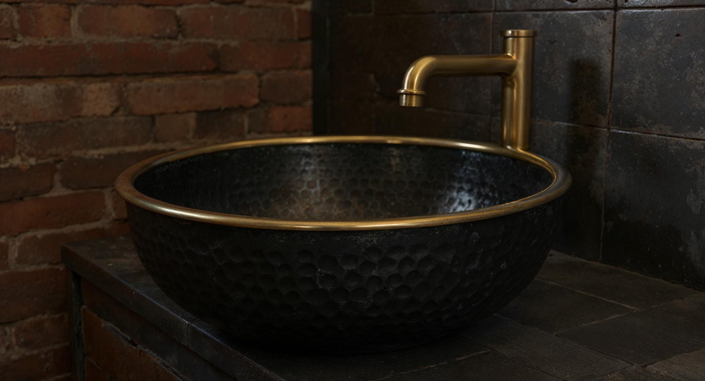 Handmade Moroccan Brass Sink: Black Patina Vessel Basin with Golden Rim