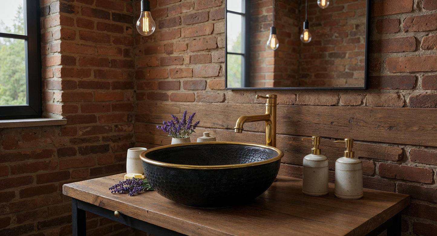 Handmade Moroccan Brass Sink: Black Patina Vessel Basin with Golden Rim