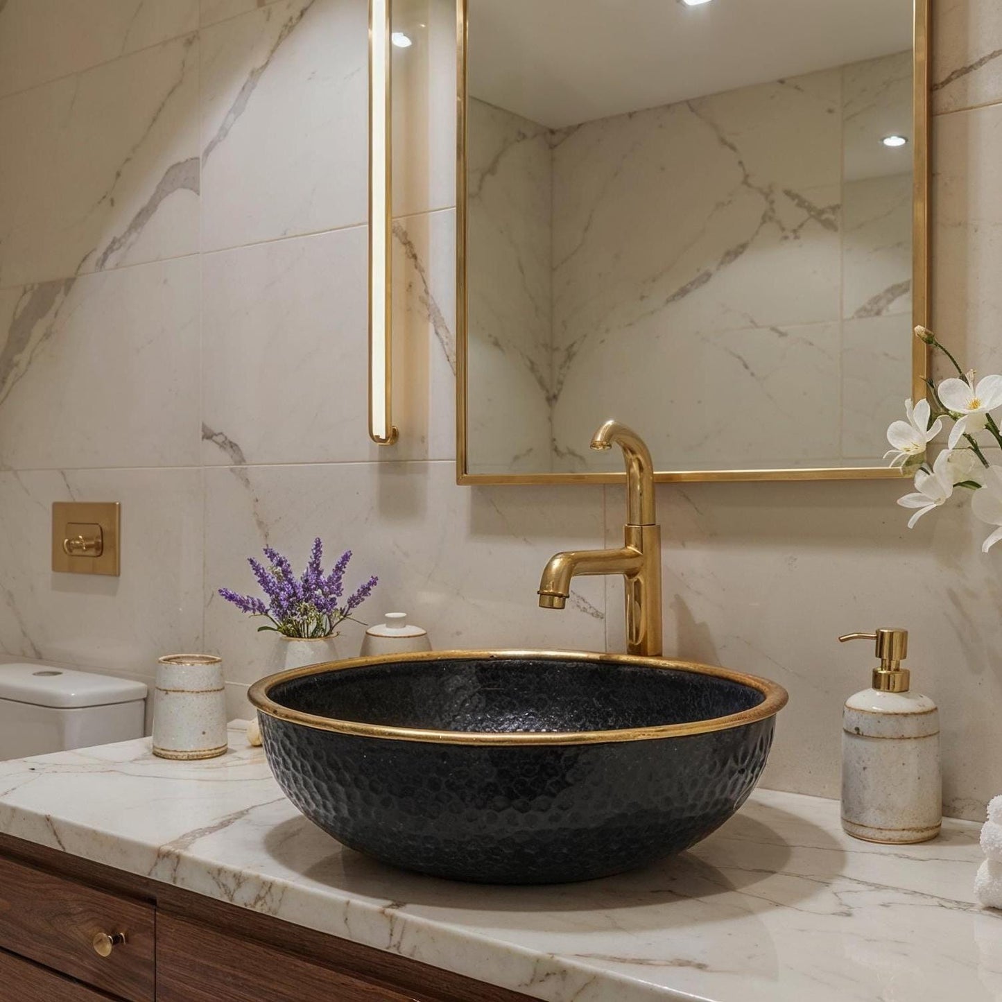 Handmade Moroccan Brass Sink: Black Patina Vessel Basin with Golden Rim