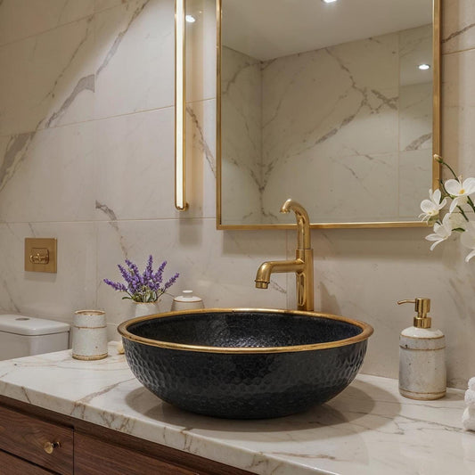 Handmade Moroccan Brass Sink: Black Patina Vessel Basin with Golden Rim