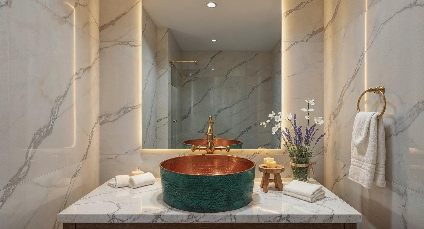 Handmade Copper Vessel Sink: Green Patina, Moroccan Farmhouse Basin