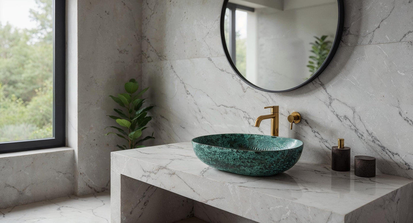 Handmade Copper Vessel Sink: Turquoise Patina, Rustic Farmhouse Bathroom