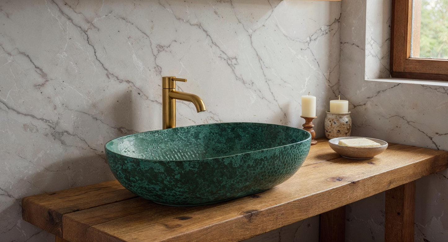 Handmade Copper Vessel Sink: Turquoise Patina, Rustic Farmhouse Bathroom