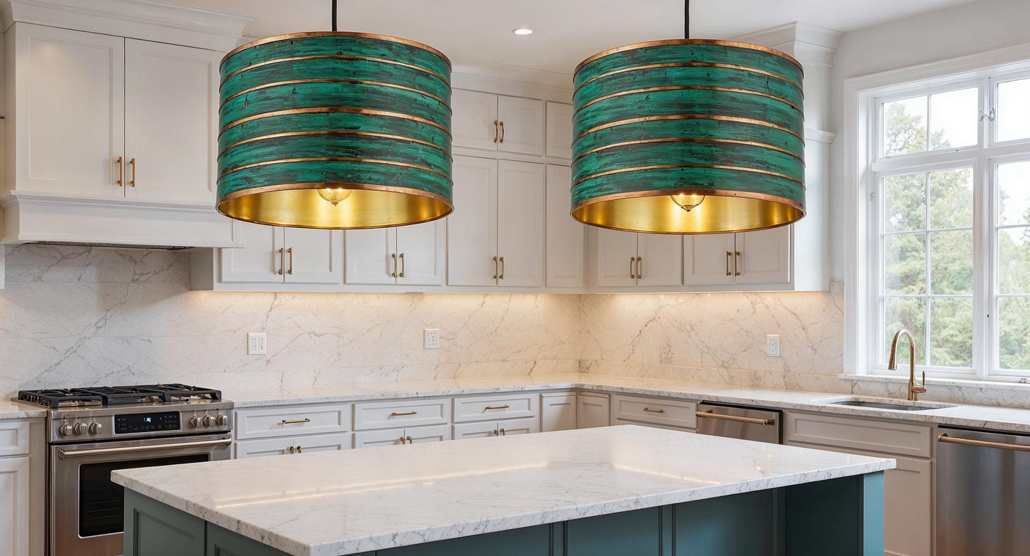 Handmade Green Patina Copper Pendant Light: Modern Rustic Drum Lamp