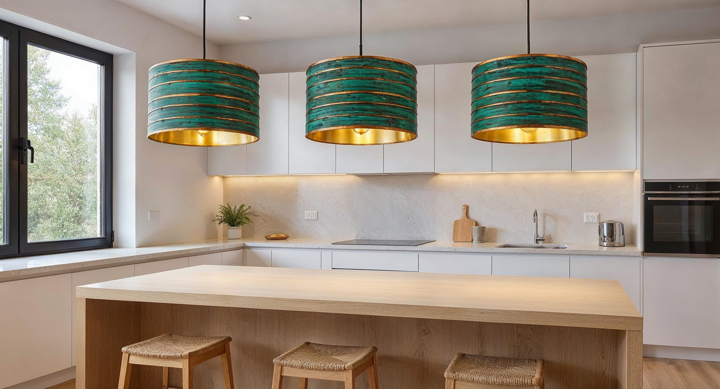 Handmade Green Patina Copper Pendant Light: Modern Rustic Drum Lamp