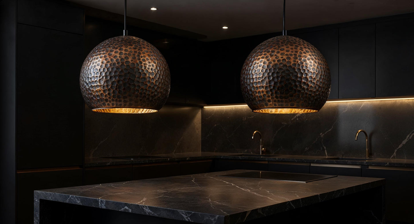 Handmade Hammered Copper Pendant Light: Black Dome, Moroccan Style