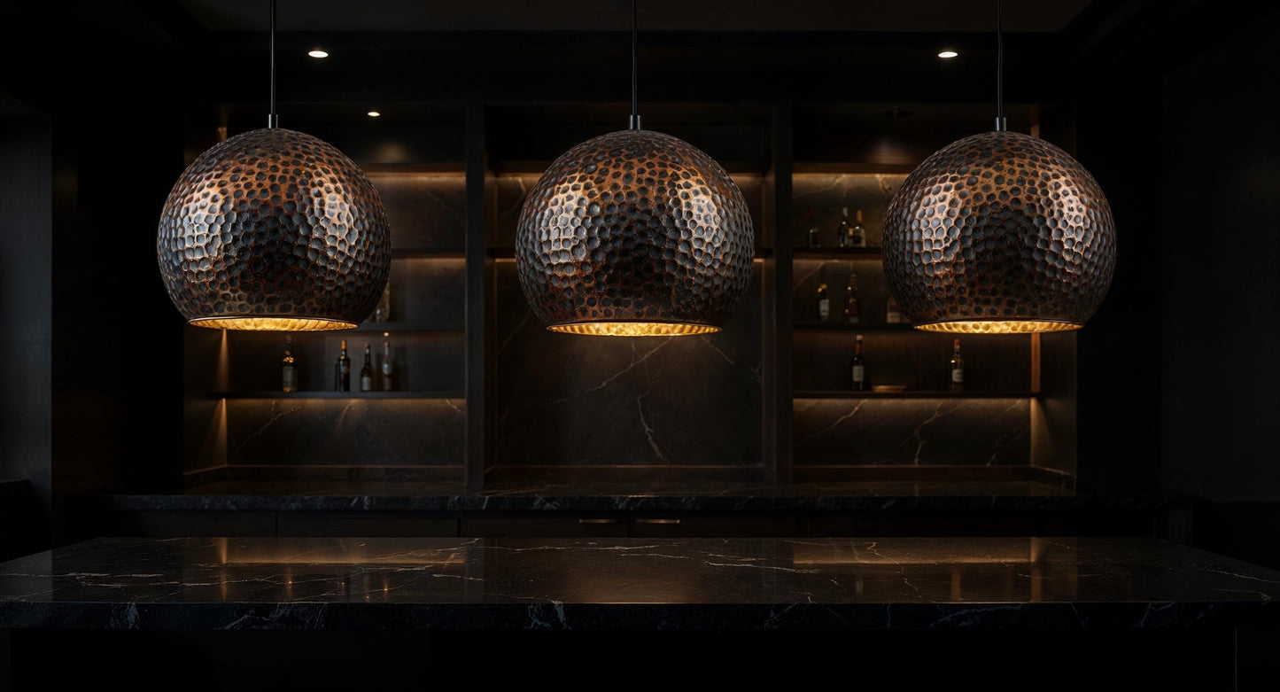Handmade Hammered Copper Pendant Light: Black Dome, Moroccan Style