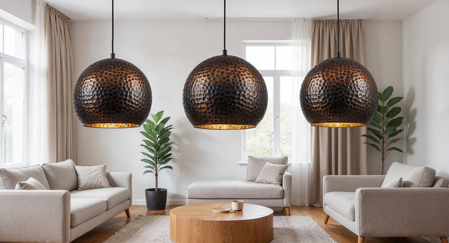 Handmade Hammered Copper Pendant Light: Black Dome, Moroccan Style