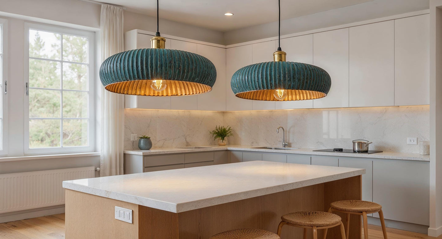 Handmade Green Patina Copper Pendant Light: Moroccan Martelé Dome