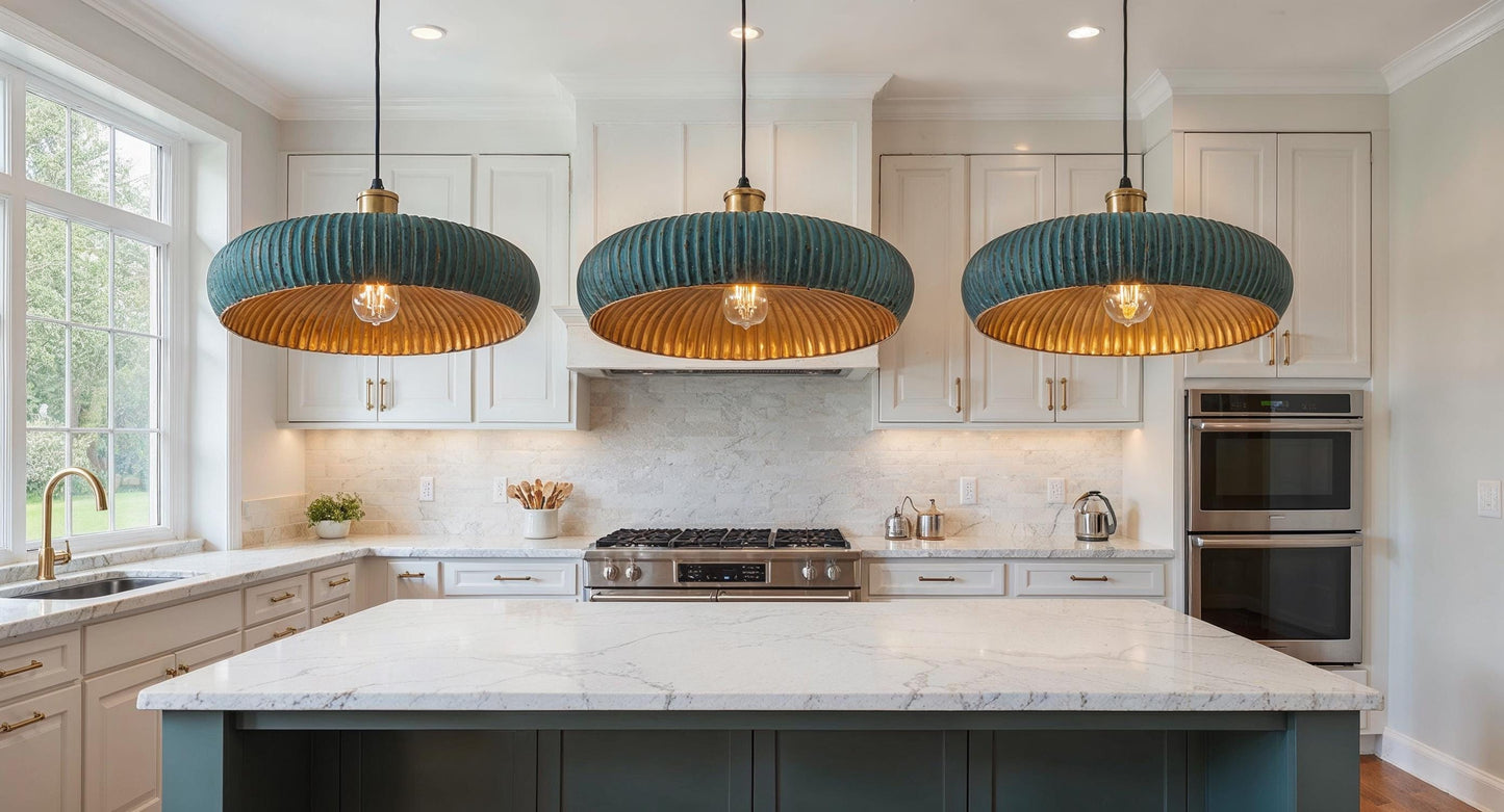 Handmade Green Patina Copper Pendant Light: Moroccan Martelé Dome