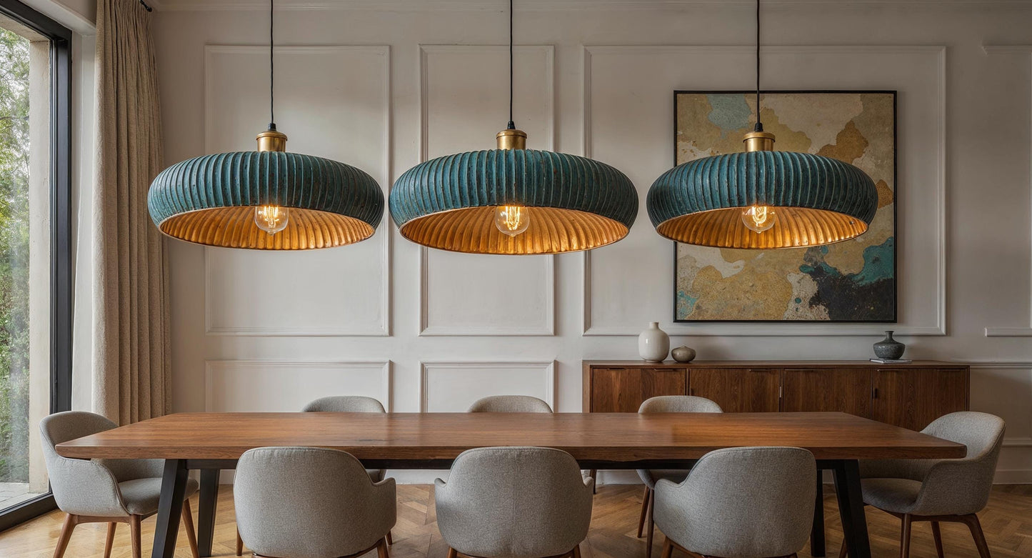 Handmade Green Patina Copper Pendant Light: Moroccan Martelé Dome