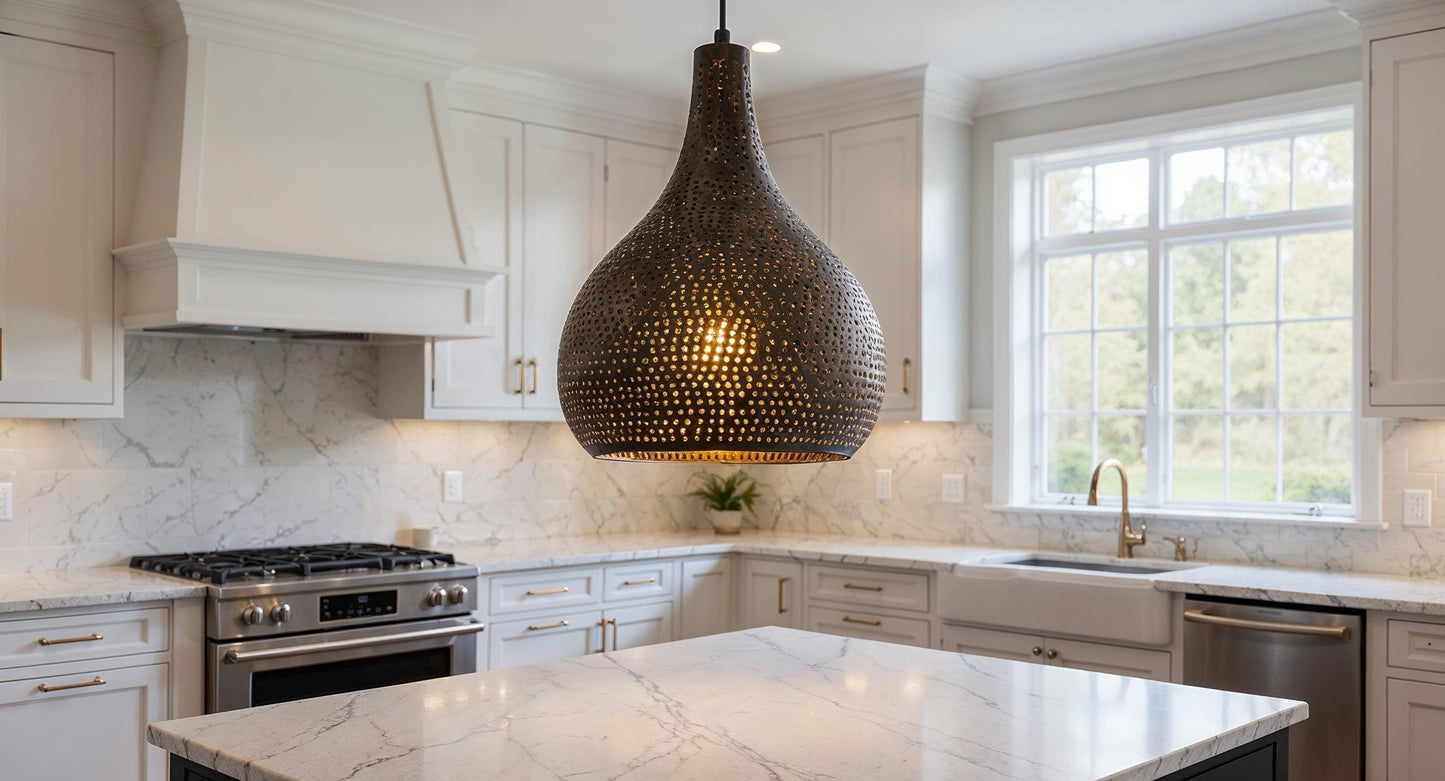 Handmade Black Brass Moroccan Pendant Light: Pierced Dome, Boho Lighting