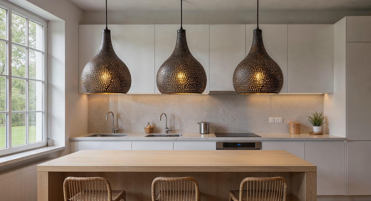 Handmade Black Brass Moroccan Pendant Light: Pierced Dome, Boho Lighting