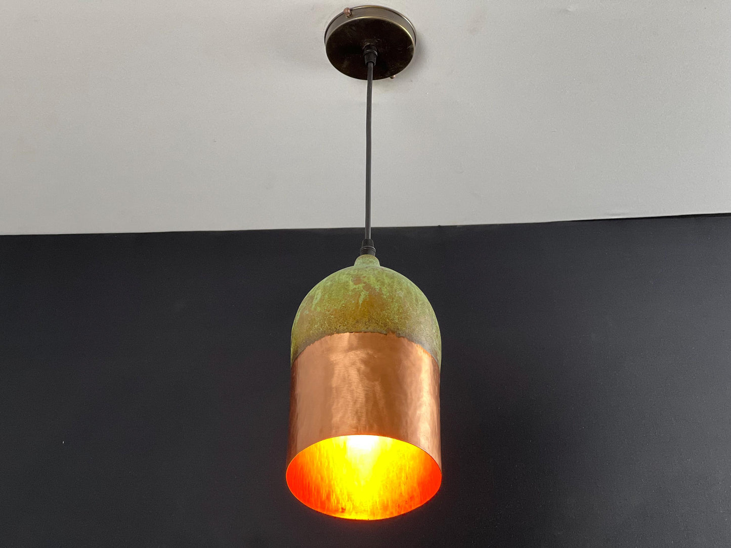 Handmade Copper Pendant Light: Two-Tone Green Patina Dome Lamp