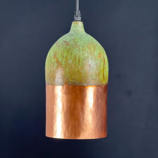 Handmade Copper Pendant Light: Two-Tone Green Patina Dome Lamp
