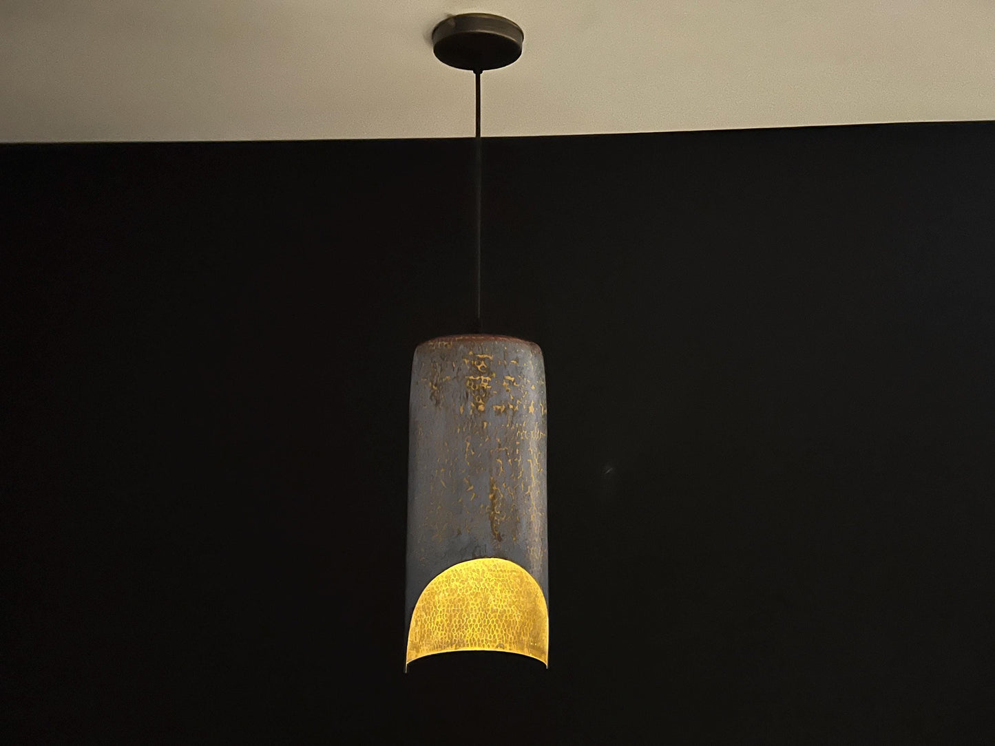 Blue Patina Brass Pendant Light: Handmade Copper Cylinder Lamp
