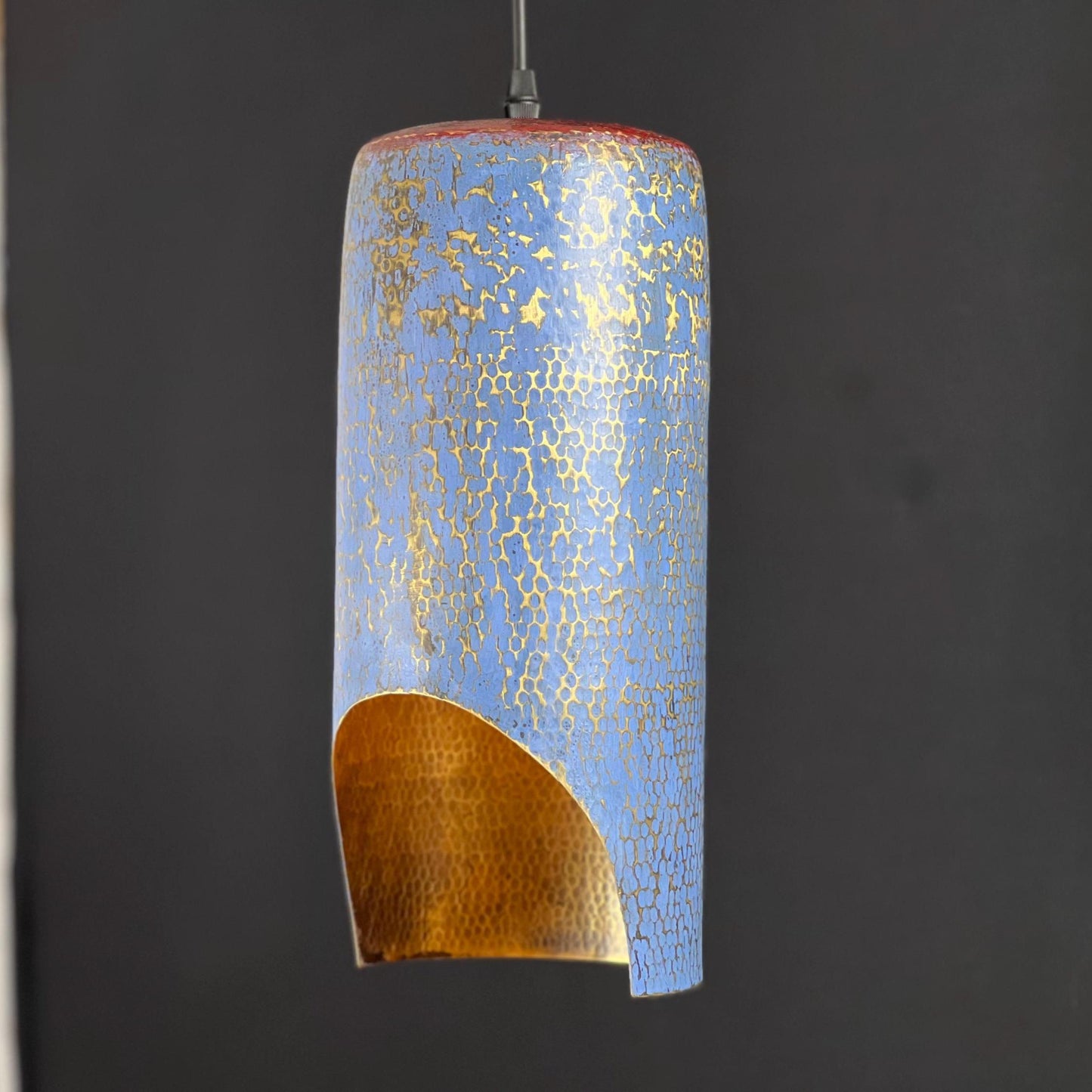 Blue Patina Brass Pendant Light: Handmade Copper Cylinder Lamp