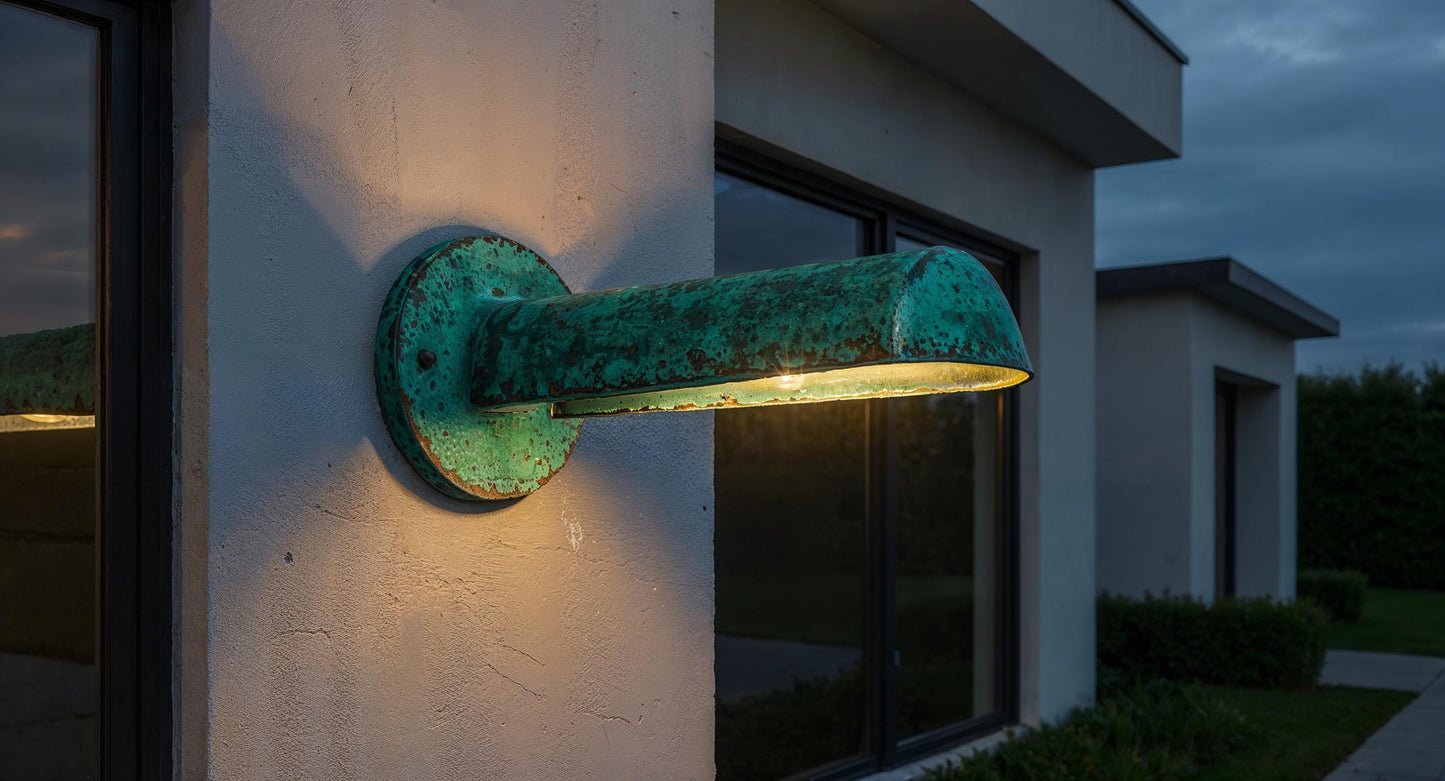 Handmade Brass Wall Sconce: Rustic Farmhouse Patina Outdoor Light