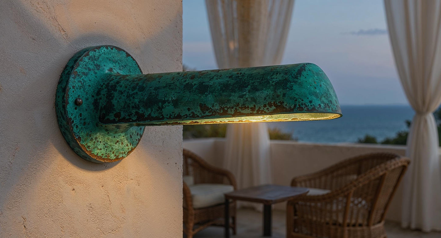 Handmade Brass Wall Sconce: Rustic Farmhouse Patina Outdoor Light