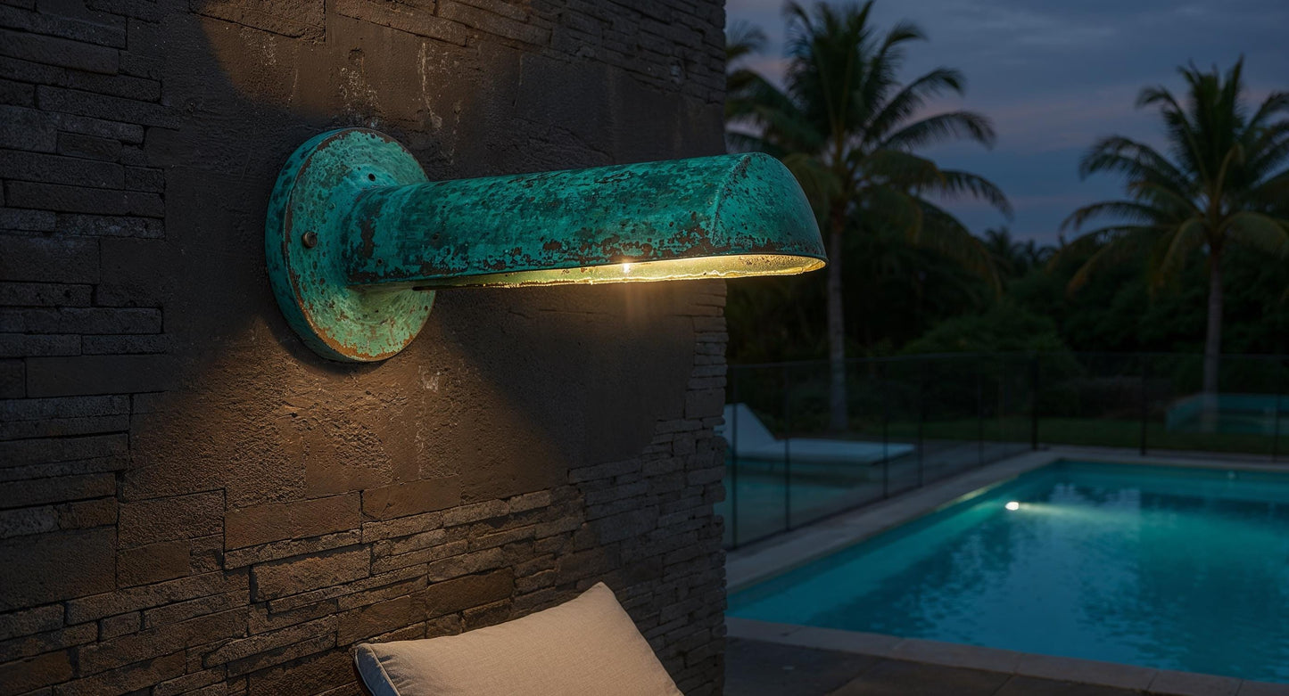 Handmade Brass Wall Sconce: Rustic Farmhouse Patina Outdoor Light