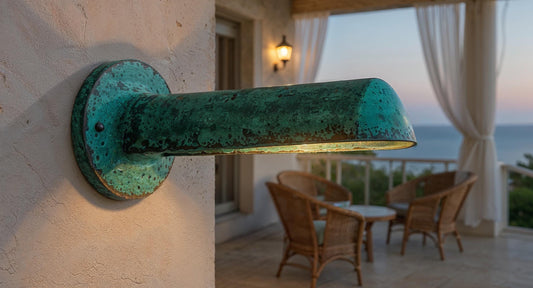 Handmade Brass Wall Sconce: Rustic Farmhouse Patina Outdoor Light