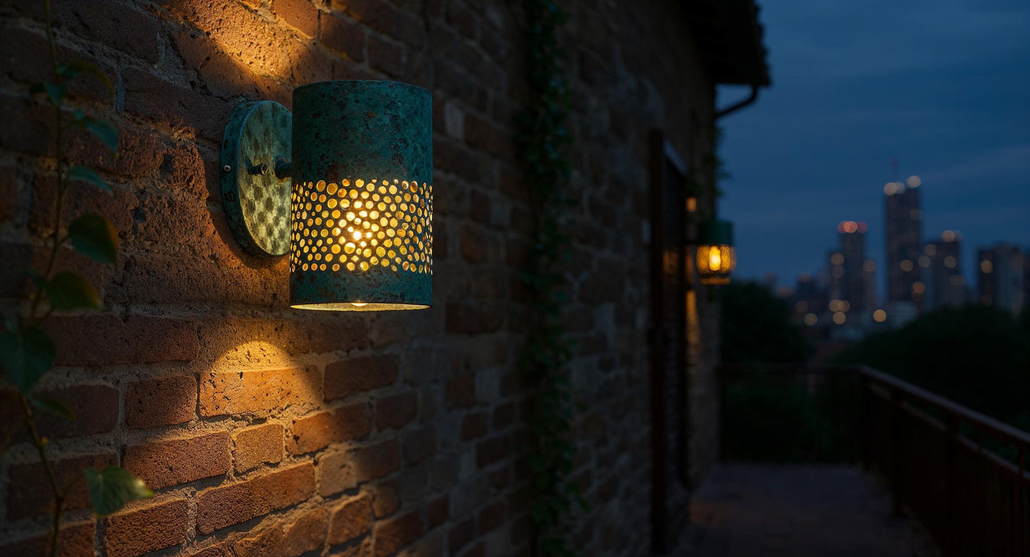 Handmade Brass Patina Wall Sconce: Moroccan Outdoor Cylinder Lamp
