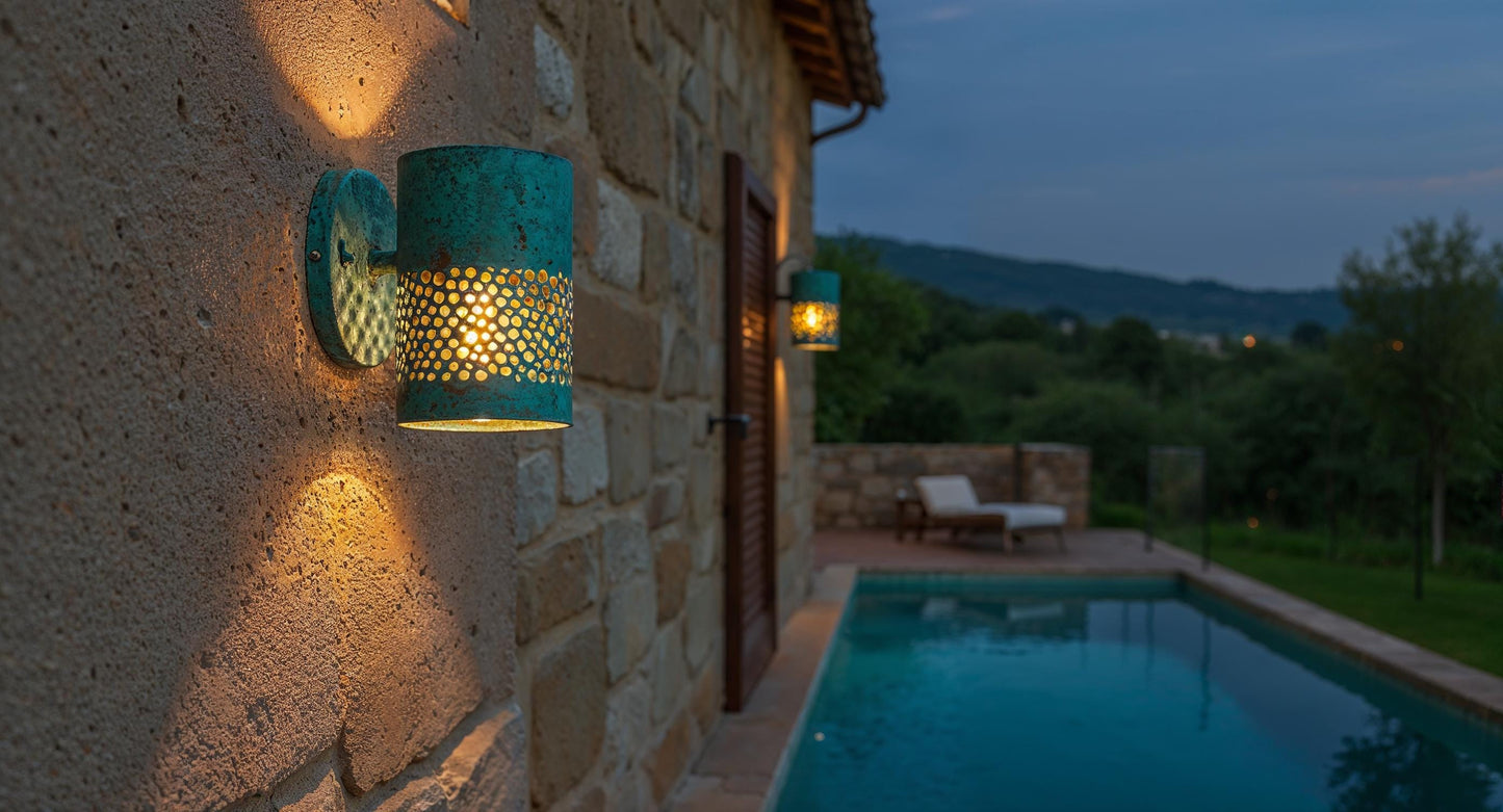 Handmade Brass Patina Wall Sconce: Moroccan Outdoor Cylinder Lamp