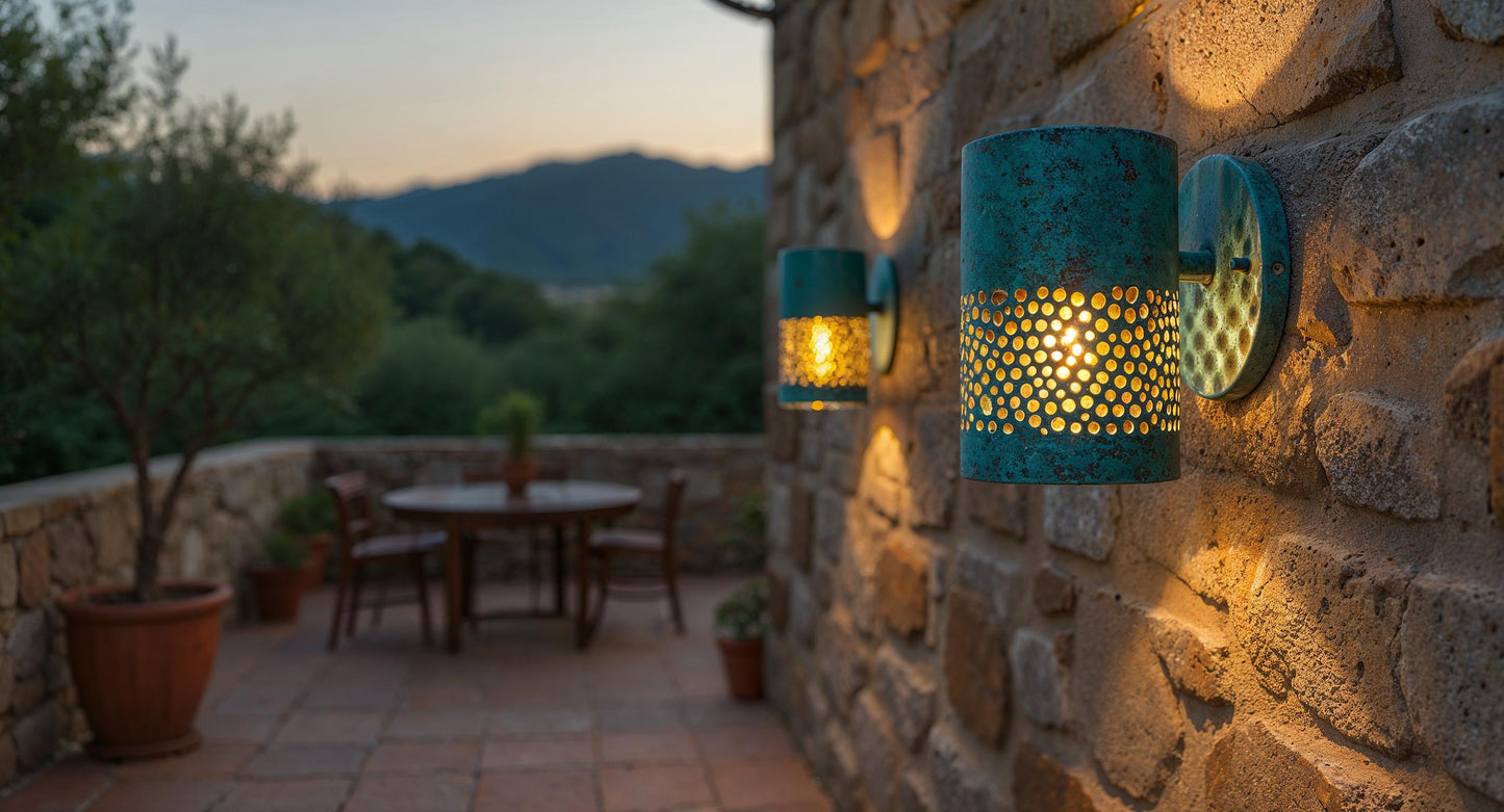 Handmade Brass Patina Wall Sconce: Moroccan Outdoor Cylinder Lamp