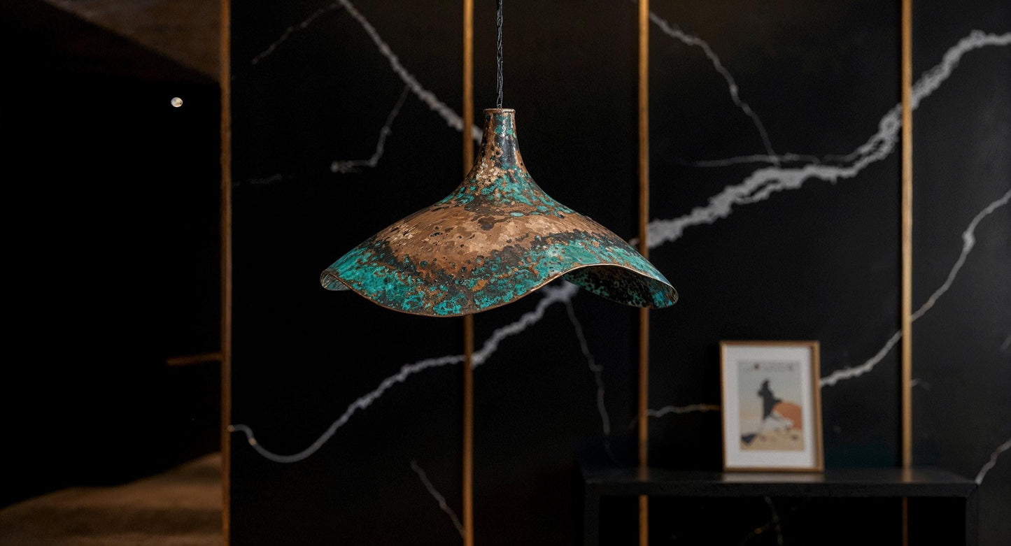 Handmade Green Patina Copper Pendant Light: Moroccan Hammered Dome
