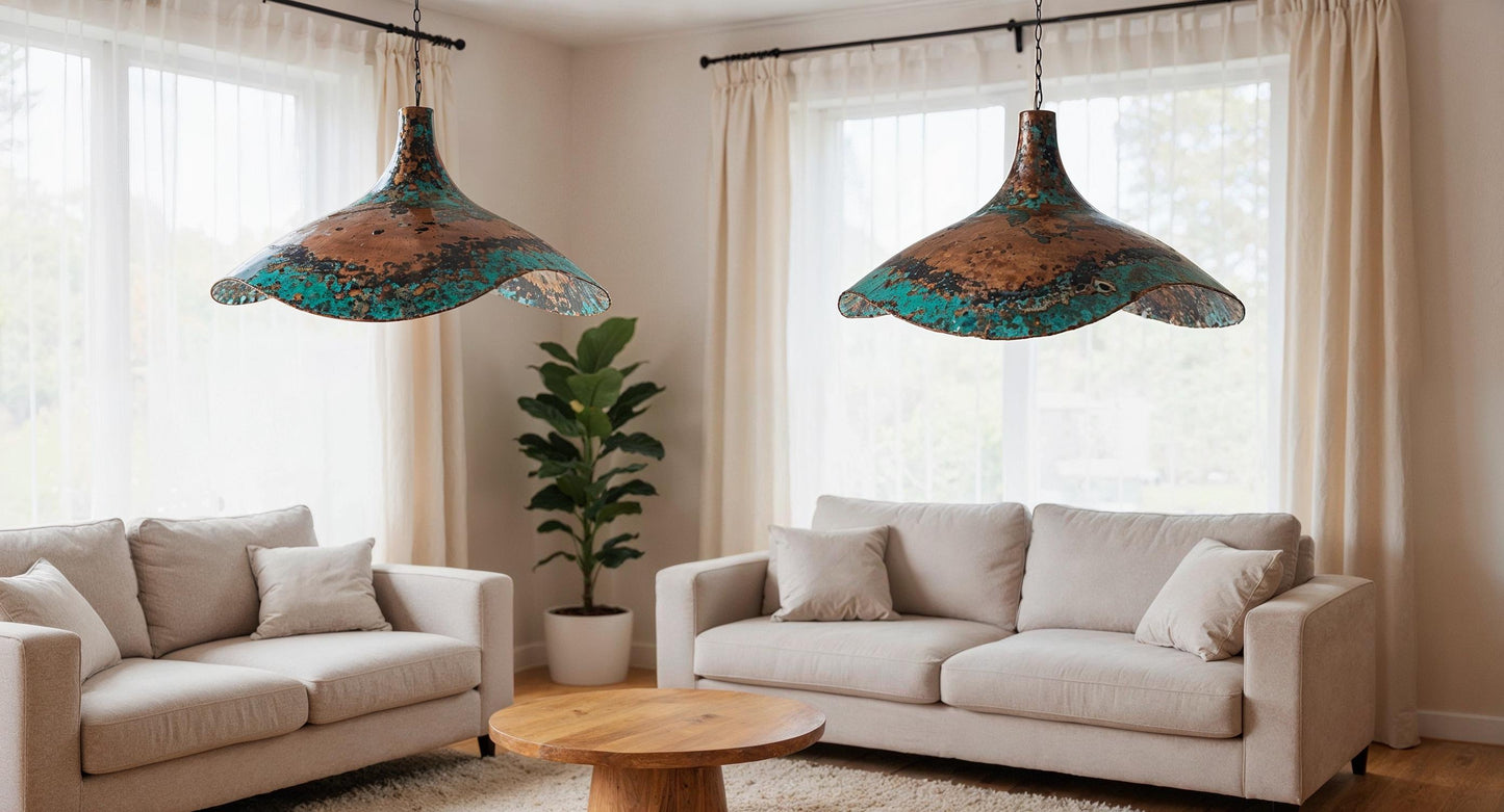 Handmade Green Patina Copper Pendant Light: Moroccan Hammered Dome