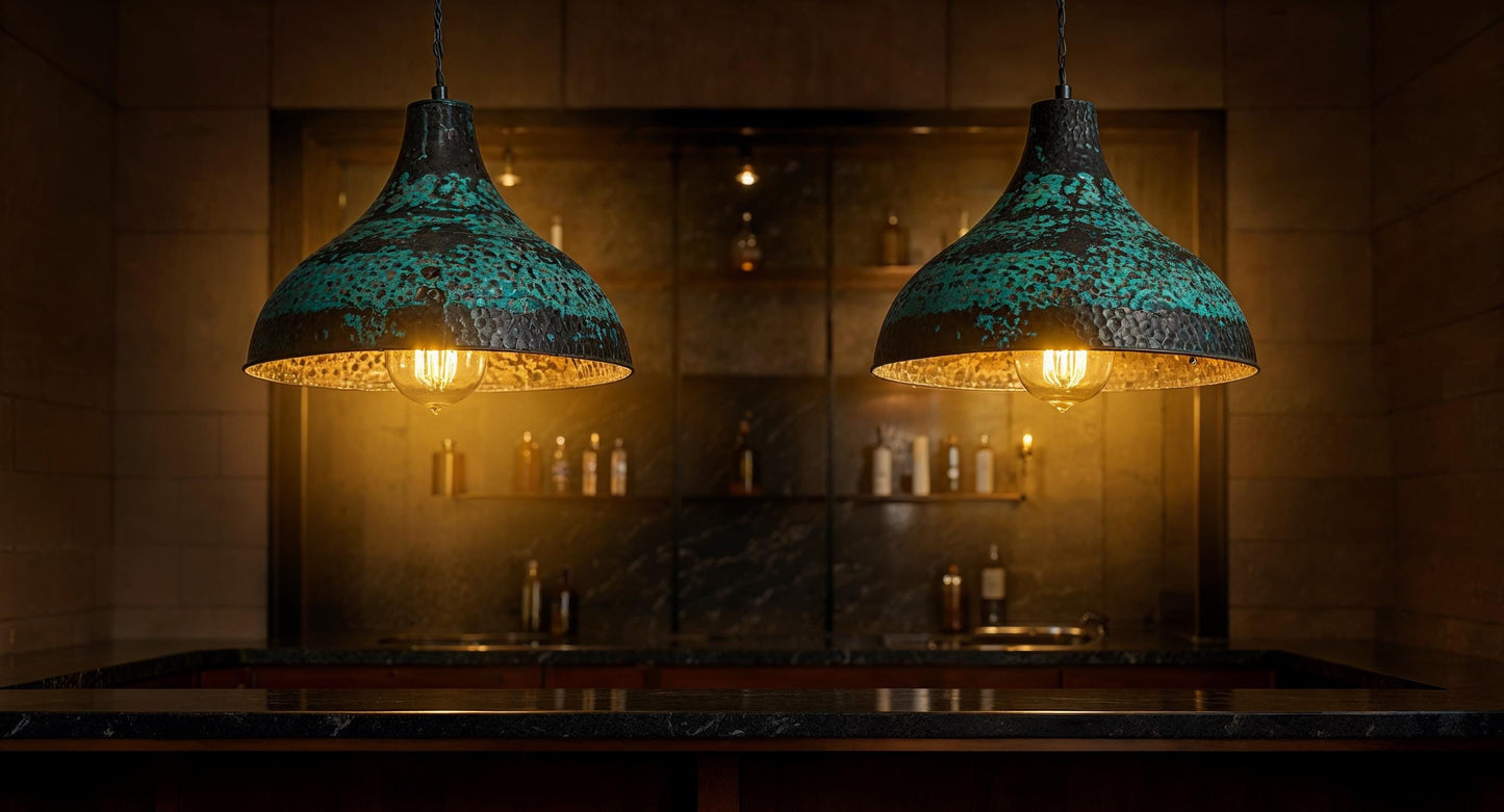 Hand Hammered Copper Pendant Light: Green Patina Farmhouse Dome