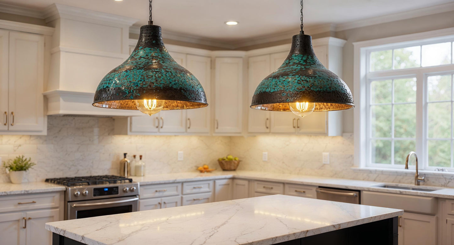 Hand Hammered Copper Pendant Light: Green Patina Farmhouse Dome