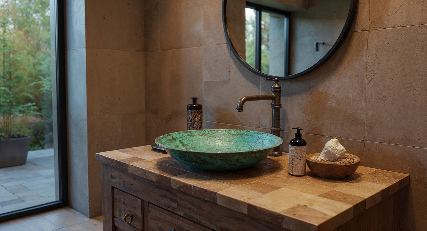 Handmade Green Patina Brass Vessel Sink – Rustic Moroccan Bathroom Basin, Round Vanity Bowl