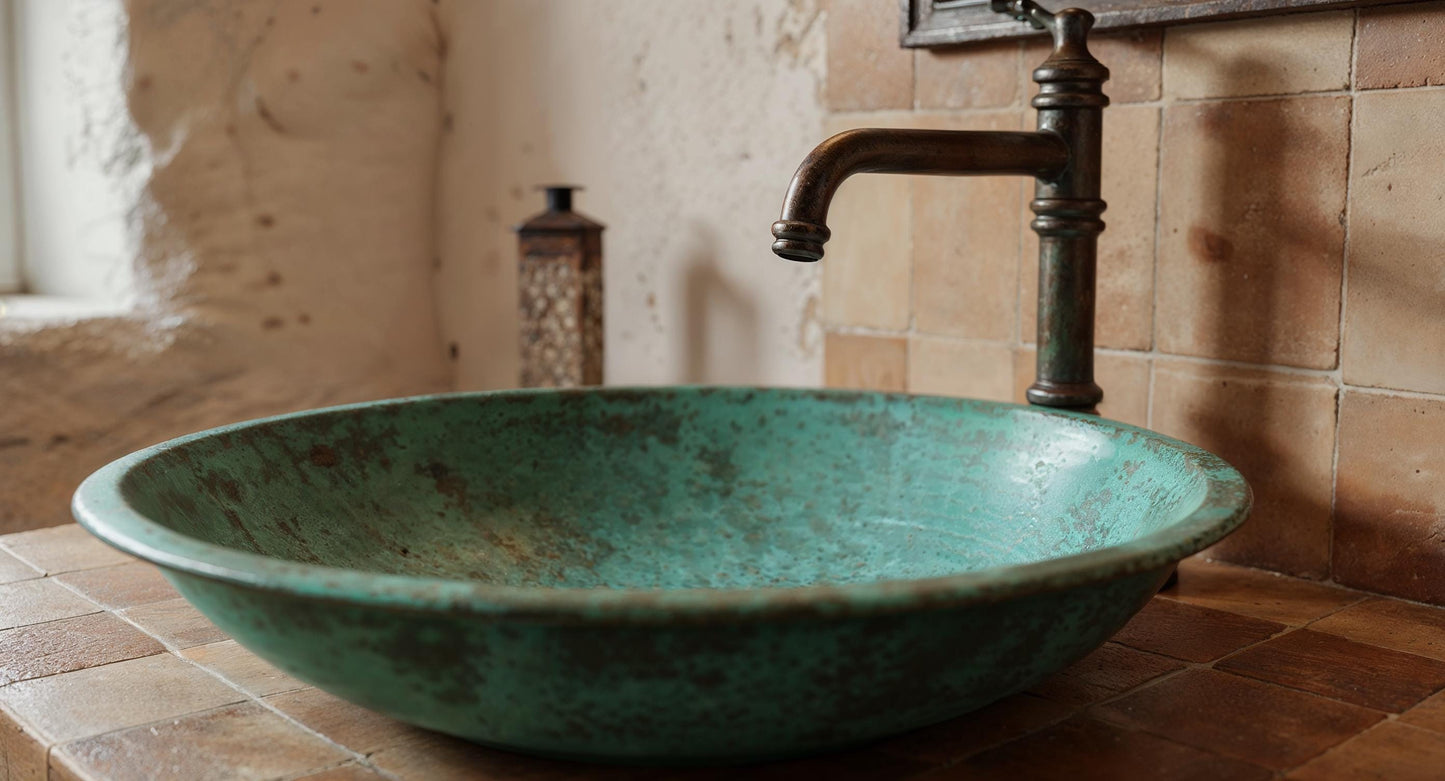 Handmade Green Patina Brass Vessel Sink – Rustic Moroccan Bathroom Basin, Round Vanity Bowl